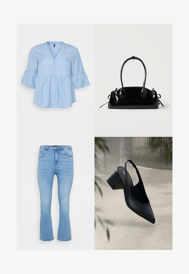 Haut en tissu tissé bleu clair avec un décolleté en V, des détails de boutons et des manches cloche trois-quarts. L'ourlet peplum évasé ajoute du volume.; Jean flare bleu clair en denim de coton. Caractéristiques : taille haute, cinq poches et coutures visibles le long des coutures et de l'ourlet.; Escarpin noir en cuir avec un bout pointu et un talon bloc. Texture lisse, design minimaliste et bride de cheville réglable.; Petit sac à main noir brillant avec deux longues anses et des détails à cordon sur les côtés sur un fond clair uni.