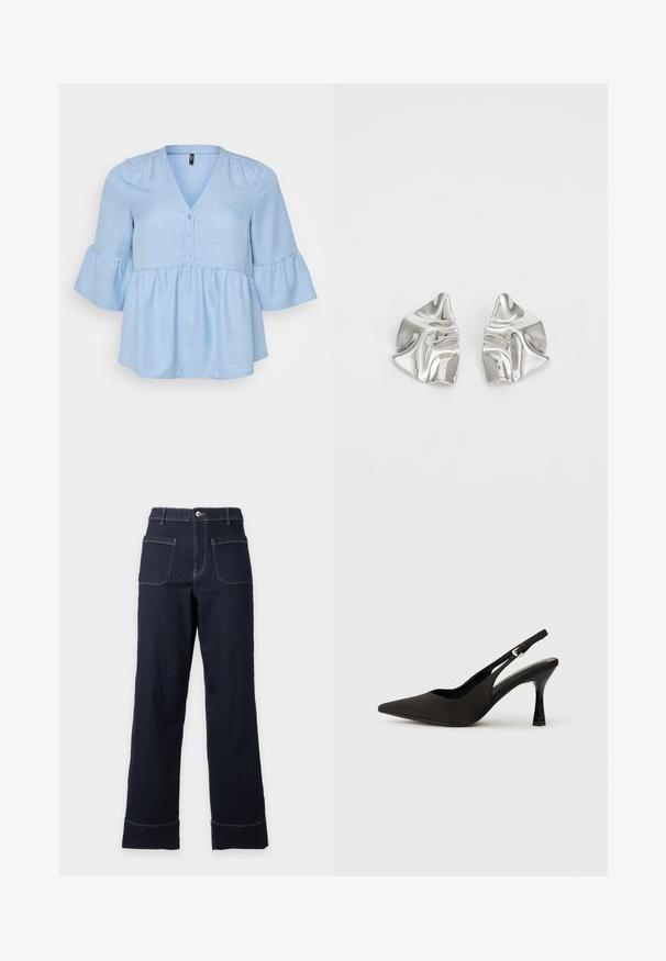 Haut en tissu tissé bleu clair avec un décolleté en V, des détails de boutons et des manches cloche trois-quarts. L'ourlet peplum évasé ajoute du volume.; Jean bleu foncé à jambes larges avec poches plaquées sur le devant, coutures visibles, passants de ceinture, fermeture par bouton et ourlets retroussés sur fond clair.; Chaussures à talons noires avec une bride, à bout pointu, finition mate lisse et talon fin brillant. Sangle ajustable avec petit détail de boucle.; Boucles d'oreilles en métal argenté avec un design ondulé et sculptural, présentant une finition polie et des formes irrégulières, mettant en valeur une esthétique contemporaine.