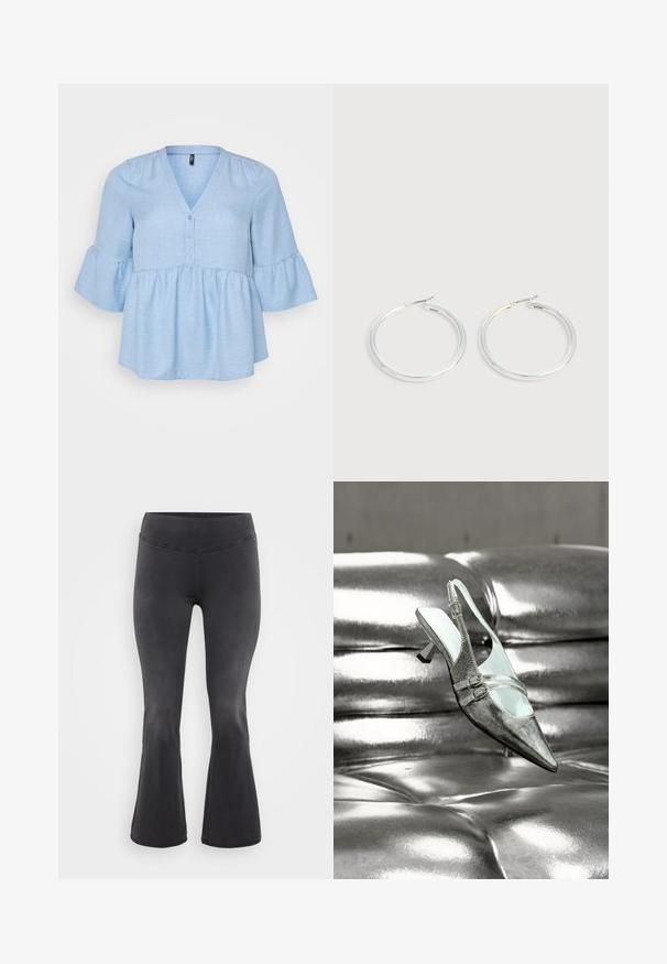 Haut en tissu tissé bleu clair avec un décolleté en V, des détails de boutons et des manches cloche trois-quarts. L'ourlet peplum évasé ajoute du volume.; ONLY Carmakoma Flared fit CARROYAL Mid waist - Jean flare - washed black; Chaussure argentée à talon haut avec bride arrière et deux boucles, reposant sur une surface en cuir argenté brillante et capitonnée.; Paire de boucles d'oreilles créoles argentées brillantes avec fermoirs en fil fin, présentée sur un fond gris clair.