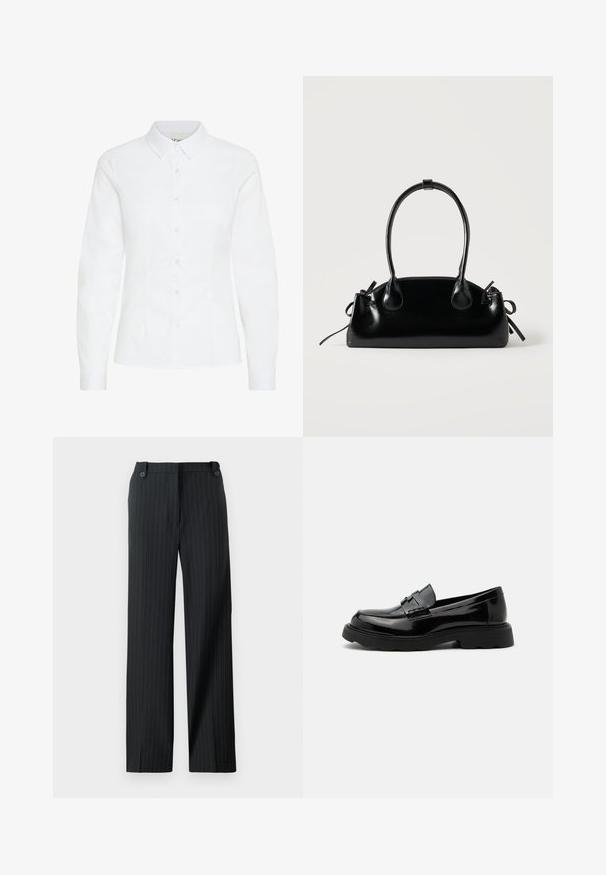 Chemise blanche à boutons, en tissu lisse. Présente des manches longues, un col classique et six boutons à l'avant avec une coupe ajustée.; Pantalons à rayures noires avec une coupe droite, dotés de deux boutons à la taille et d'une texture lisse et structurée.; Mocassin noir en cuir brillant avec une semelle épaisse et une bride décorative sur le dessus, sur un fond uni gris clair.; Petit sac à main noir brillant avec deux longues anses et des détails à cordon sur les côtés sur un fond clair uni.
