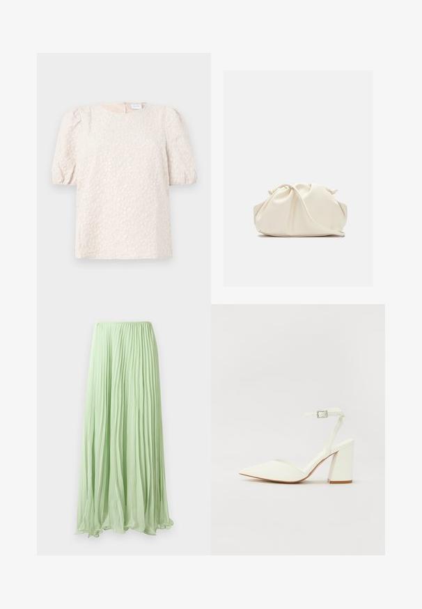 Top à manches bouffantes en beige clair avec broderies florales. Il présente un col rond et une fermeture éclair discrète à l'arrière. Tissu doux et texturé.; Jupe longue plissée vert clair avec un tissu fluide et une taille élastique, présentée sur un fond blanc.; Sandale blanche à talon avec un bout pointu, sangle de cheville réglable et un talon carré épais. Texture lisse avec des détails de couture minimaux.; Pochette en cuir souple couleur crème avec un design froncé et une fine bandoulière reposant à l’avant sur un fond uni.