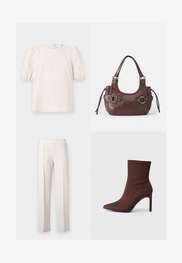 Top à manches bouffantes en beige clair avec broderies florales. Il présente un col rond et une fermeture éclair discrète à l'arrière. Tissu doux et texturé.; Pantalon large beige clair en tissu lisse, doté d'une taille haute, de deux plis avant et d'une finition propre et ajustée.; Botte de cheville en tissu stretch marron avec un bout pointu et un talon stiletto de 10 cm. Détails de couture sur les côtés, texture lisse et sans fermetures visibles.; Sac à main en cuir marron de forme arrondie, avec quincaillerie argentée, deux anses latérales et une texture lisse. Dispose d'une seule poignée supérieure.