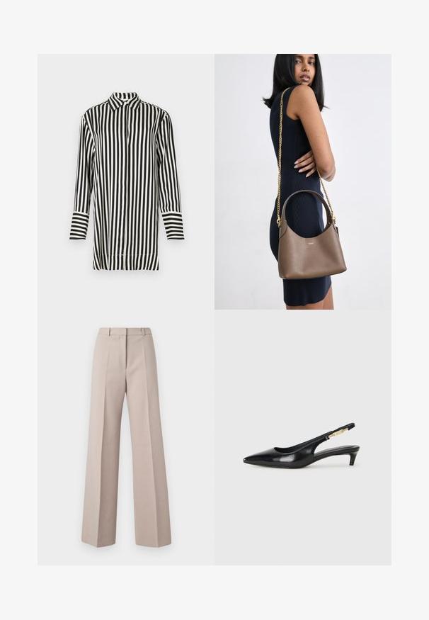 Chemise à rayures noir et blanc avec un col pointu, des manches longues et un devant boutonné. Caractéristiques de rayures larges et étroites alternées.; Pantalons beige à jambes larges en tissu lisse, avec une taille haute, des plis avant et une silhouette ajustée.; Talons hauts en cuir noir avec un bout pointu, dotés d'un talon fin et d'un accent en ton or sur la lanière réglable. Texture lisse.; Sac en cuir marron au silhoette courbée, avec une bandoulière en chaîne dorée et un logo embossé ; présenté sur un fond neutre.