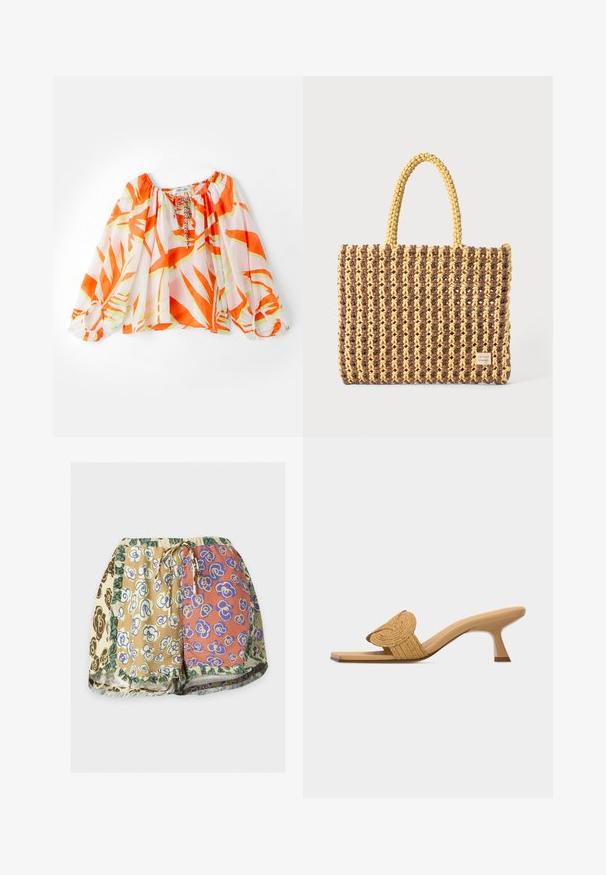 Blouse légère, décolletée, avec un motif de feuilles tropicales orange et vert, des poignets élastiqués et un col à cordon. Texture de tissu douce.; Shorts à taille élastique avec cordon, avec un design patchwork et des imprimés floraux multicolores dans des tons beige, orange, marron et vert.; Mule beige à bout ouvert avec un petit talon aiguille bas et une lanière décorative circulaire tissée sur le devant.; Sac tissé marron et jaune, de forme rectangulaire, avec deux poignées, et une finition texturée avec des coutures visibles et une étiquette de marque.
