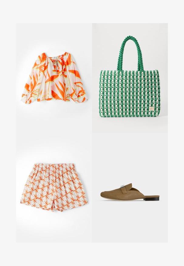 Blouse légère, décolletée, avec un motif de feuilles tropicales orange et vert, des poignets élastiqués et un col à cordon. Texture de tissu douce.; Shorts blancs avec un motif de feuilles de palmier orange, taille élastique et coupe ample. Fabriqués en tissu léger, adaptés aux temps chauds.; Mule en daim marron à enfiler avec un bout pointu, détail boucle argentée, et talon plat noir sur fond blanc.; Sac fourre-tout tissé vert et blanc avec une forme rectangulaire structurée, une finition texturée et deux poignées solides. Présente une étiquette de logo sur le côté.