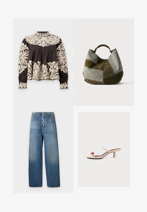 Blouse noire à manches longues avec col montant, ornée d'une grande broderie florale crème sur le yoke, les manches, les poignets et l'ourlet, avec des détails de tissu froncé.; Jean en denim bleu clair à jambes larges avec fermeture à cinq boutons, taille haute et poches classiques. Décoloration progressive de haut en bas. Pas de motifs.; Sandale à talon beige avec une fine bride et un séparateur d'orteil rouge circulaire sur fond blanc.; Sac hobo avec un motif patchwork en daim olive et gris clair, décoré de clous métalliques ronds et d'une courte poignée supérieure.