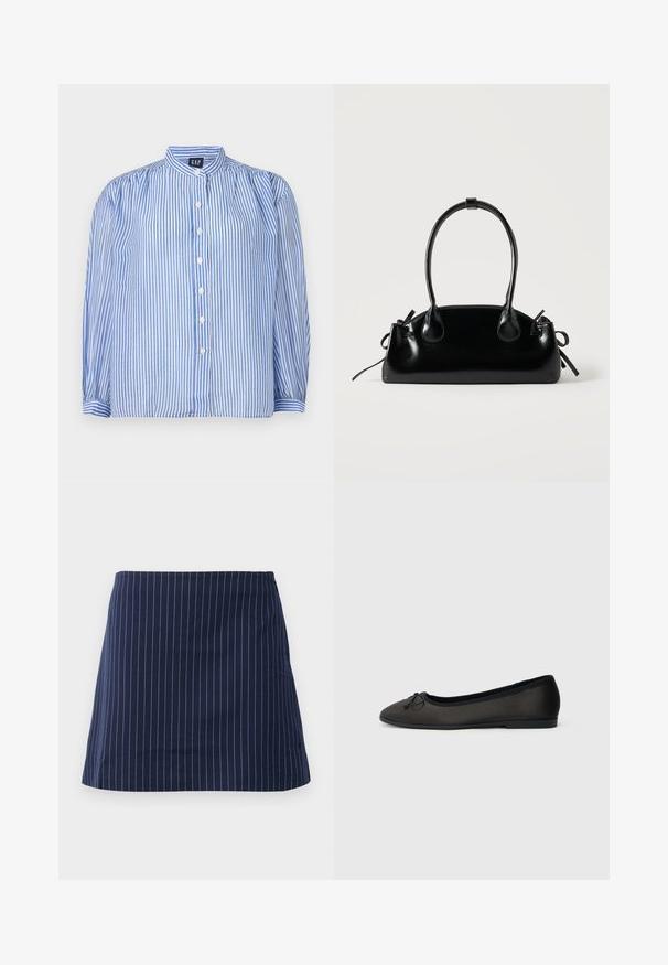 Camisa de botón a rayas con rayas verticales azules y blancas, cuello de banda, mangas largas abullonadas y cinco botones en el frente. Tejido texturizado.; Falda azul marino con finas rayas verticales blancas y un corte recto, por encima de la rodilla, mostrada sobre un fondo blanco liso.; Bailarinas negras con acabado mate suave, puntera redondeada y un lazo decorativo en la parte delantera. Presentan un tacón bajo y plano.; Pequeño bolso negro brillante con dos asas largas y detalles de cordón lateral sobre un fondo claro liso.