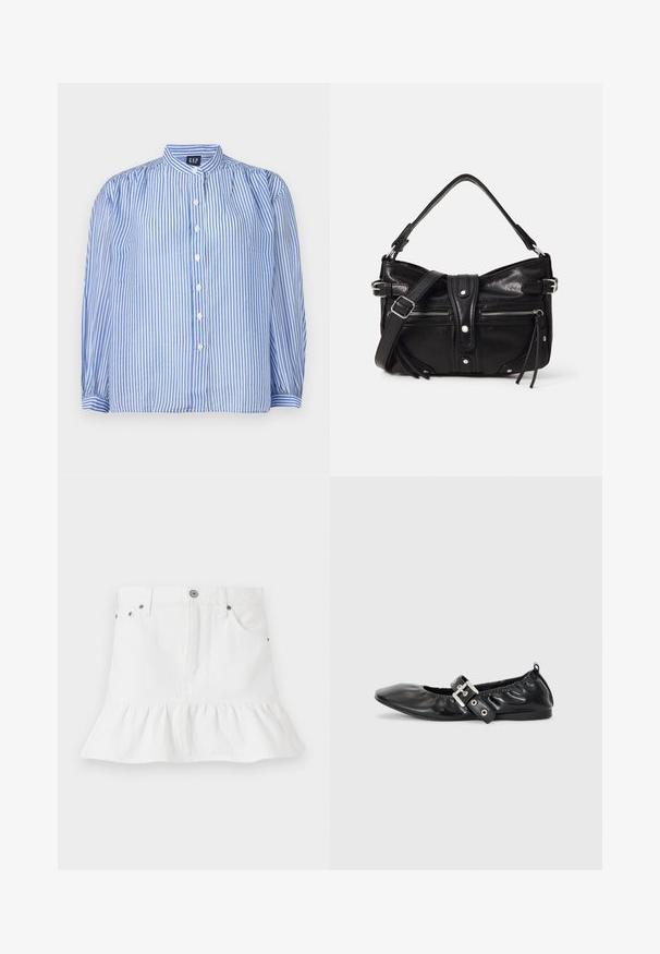 Randy skjorte med blå og hvide lodrette striber, stående krave, puffede lange ærmer og fem frontknapper. Struktureret stof.; Hvid denimnederdel med flæsekanter, der har et fem-lommers design, frontlukning med knapper og metalhardware detaljer.; Sorte læder flade sko med spids tå, samling detaljer omkring åbningen, og en sølv spænde accent på den justerbare rem.; Even&Odd H24462 - Håndtasker - black