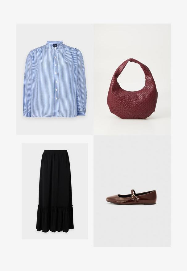 Gestreifte Button-up-Bluse mit blauen und weißen vertikalen Streifen, Stehkragen, voluminösen langen Ärmeln und fünf vorderen Knöpfen. Strukturiert Stoff.; Langer schwarzer Rock mit elastischem Bund und gerafftem Volant Saum auf schlichtem hellem Hintergrund.; Braune Lackleder-Ballerinas mit quadratischer Zehenform und Riemen mit einer kleinen goldenen Schnalle. Glatte Textur, niedriger Absatz und minimalistisches Design.; Geflochtener burgunderfarbener Handtasche mit einer runden Silhouette, einem einzelnen Griff und einer strukturierten Oberfläche. Reißverschluss oben.