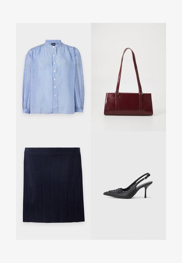 Gestreifte Button-up-Bluse mit blauen und weißen vertikalen Streifen, Stehkragen, voluminösen langen Ärmeln und fünf vorderen Knöpfen. Strukturiert Stoff.; Object OBJTHESS - Minirock - sky captain; Schwarzer Leder-Slingback-Stiletto mit spitzem Zehenaufsatz, seitlichem Schnallenriemen, Nieten entlang der Kante und dekorativer Schnürung vorne.; Burgunderfarbene Handtasche aus glänzendem Material, rechteckige Form, mit zwei Schulterriemen und subtilen, geschwungenen Akzenten an der Vorderseite.