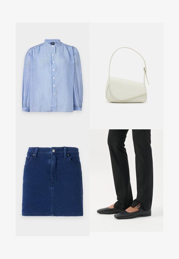 Gestreifte Button-up-Bluse mit blauen und weißen vertikalen Streifen, Stehkragen, voluminösen langen Ärmeln und fünf vorderen Knöpfen. Strukturiert Stoff.; Jeansrock in tiefblau mit figurbetontem Schnitt, Knopfverschluss vorne und zwei seitlichen Taschen. Mit sichtbaren Nähten und geradem Saum.; Beine in schwarzen schmalen Hosen mit vorderen Schlitzen am Saum, kombiniert mit schwarzen flachen Mary-Jane-Schuhen mit kleinem Schnallenriemen.; Weiße Kunstleder-Handtasche mit einer strukturierten dreieckigen Form, einem verstellbaren Einzelgurt und einem Klappenverschluss mit geschwungenen Akzenten.