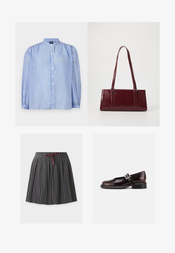 Gestreifte Button-up-Bluse mit blauen und weißen vertikalen Streifen, Stehkragen, voluminösen langen Ärmeln und fünf vorderen Knöpfen. Strukturiert Stoff.; Dunkelgrauer plissierter Rock mit elastischem Bund und in der vorderen Mitte gebundener weinroter Kordel.; Ein einzelner glänzender dunkelburgunder Mary Jane Schuh mit breitem Riemen und silberner Schnalle, niedrigem Blockabsatz und abgerundeter Spitze auf weißem Hintergrund.; Burgunderfarbene Handtasche aus glänzendem Material, rechteckige Form, mit zwei Schulterriemen und subtilen, geschwungenen Akzenten an der Vorderseite.
