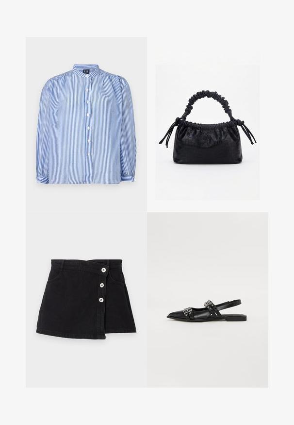 Gestreifte Button-up-Bluse mit blauen und weißen vertikalen Streifen, Stehkragen, voluminösen langen Ärmeln und fünf vorderen Knöpfen. Strukturiert Stoff.; Schwarzer Denim-Rock mit hoher Taille, mit einem Wickeldesign, fünf silbernen Knöpfen auf einer Seite und zwei seitlichen Taschen. Glatte Textur.; Even&Odd by Zalando Sling-Ballerina - black; Schwarze Handtasche mit Krokodilstruktur, gerafftem oberen Rand, zusammengezogenem Griff und Zugkordeln mit Quasten an jeder Seite vor weißem Hintergrund.
