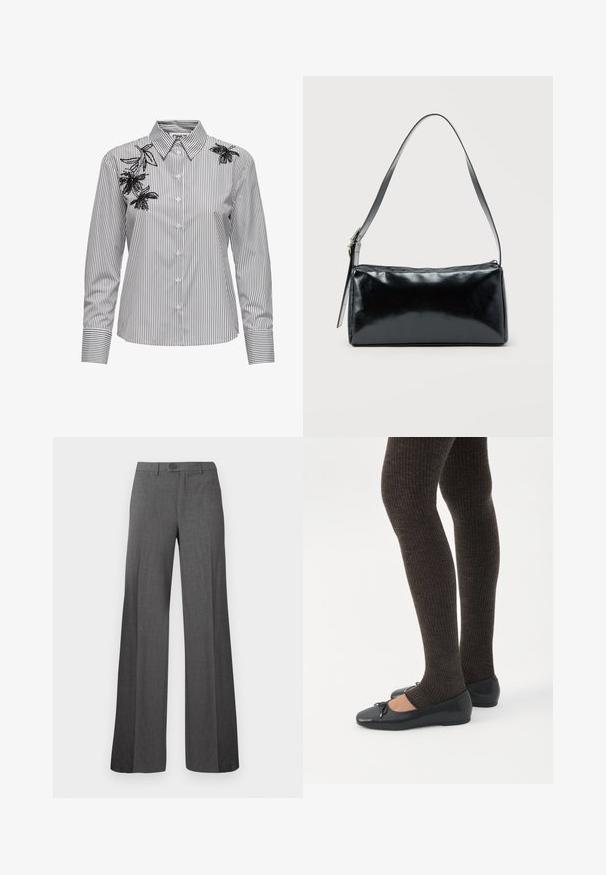 Camisa blanca de botones con rayas verticales negras y bordado floral negro en la parte superior del hombro izquierdo y en el área del cuello derecho.; Pantalones de vestir grises de pierna ancha con cierre de botón y cremallera, frontales planos y trabillas para cinturón, mostrados sobre un fondo claro y sencillo.; Piernas con leggings oscuros acanalados combinados con bailarinas negras que presentan pequeños detalles de lazo sobre un fondo blanco.; Bolso de hombro rectangular negro con una correa ajustable y un cierre de cremallera superior sobre un fondo liso.