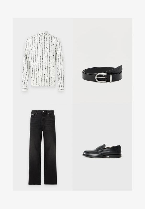 Camisa blanca de botones con líneas verticales negras y un patrón floral. Mangas largas con puños abotonados. Hecha de una tela ligera.; Jeans negros de pierna recta con diseño de cinco bolsillos, presillas para cinturón y cierre de botón, mostrados sobre un fondo blanco.; Mocasines de cuero negro con punta redondeada, detalles cosidos y suela plana de goma. Presentan una banda ancha sobre el empeine.; Cinturón de cuero sintético negro con textura de cocodrilo y hebilla redonda plateada, enrollado sobre un fondo blanco liso.