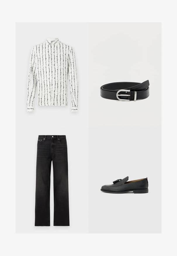 Weißes Hemd mit Knöpfen und schwarzen vertikalen Streifen sowie einem floralen Muster. Lange Ärmel mit geknöpften Manschetten. Hergestellt aus einem leichten Stoff.; Schwarze Jeans mit geraden Beinen, fünf Taschen, Gürtelschlaufen und Knopfverschluss, auf weißem Hintergrund dargestellt.; Schwarzer Herrenschuh aus Leder mit Quasten, runder Spitze, niedrigem Absatz und Zuglasche auf der Rückseite, seitlich auf hellem grauem Hintergrund dargestellt.; Schwarzer Kunstledergürtel mit Krokodilstruktur und einer silbernen runden Schnalle, aufgewickelt auf einem schlichten weißen Hintergrund.