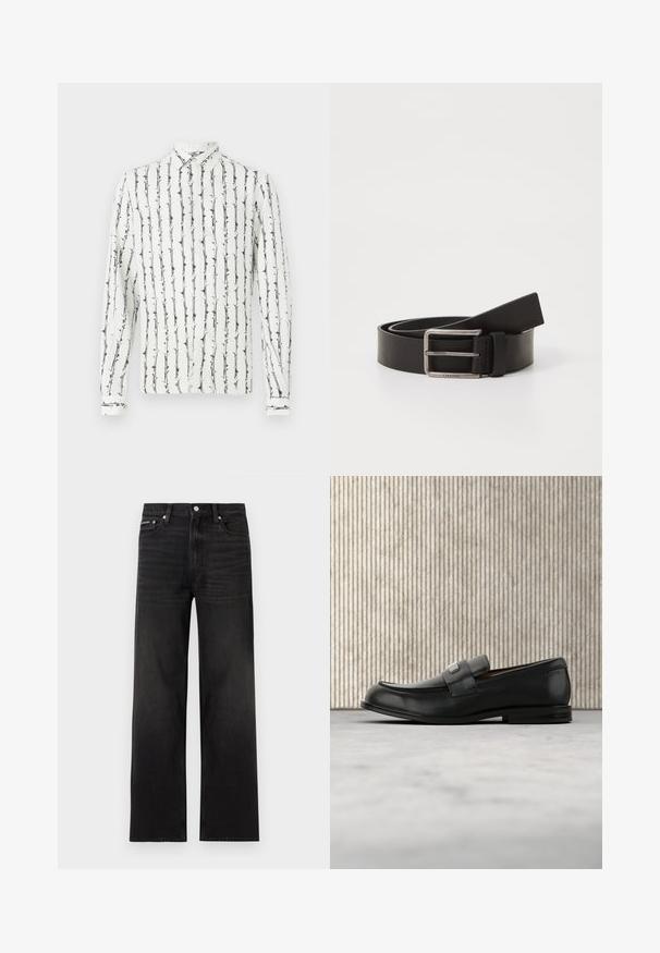 Weißes Hemd mit Knöpfen und schwarzen vertikalen Streifen sowie einem floralen Muster. Lange Ärmel mit geknöpften Manschetten. Hergestellt aus einem leichten Stoff.; Schwarze Jeans mit geraden Beinen, fünf Taschen, Gürtelschlaufen und Knopfverschluss, auf weißem Hintergrund dargestellt.; Schwarzer Lederloafer mit einer Metallmarkenplatte, der nahe einem braunen runden Tisch auf beigem Teppichboden ruht.; Schwarzer Leder Gürtel mit matter Oberfläche, ausgestattet mit einer rechteckigen Metall Schnalle und einem Riemen, der das Calvin Klein Logo zeigt.