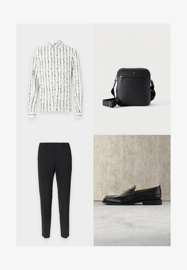 Chemise blanche à boutons avec des rayures verticales noires et un motif floral. Manches longues avec des poignets à boutons. Fabriquée en tissu léger.; Pantalon noir sur mesure à coupe droite, avec une texture lisse, des passants pour ceinture et des poches avant. Fermeture par bouton et fermeture éclair.; Mocassin pour homme en cuir noir avec un dessus embossé effet croco et un petit talon, présenté de profil sur un fond neutre.; Sac bandoulière en cuir noir avec poche zippée à l'avant et bandoulière réglable sur fond blanc uni.