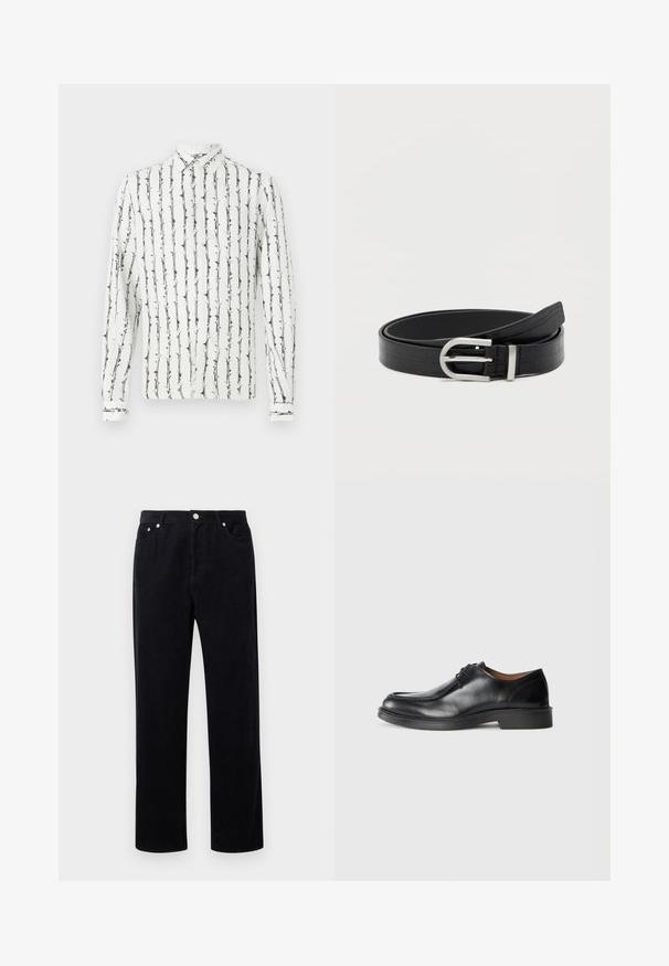 Chemise blanche à boutons avec des rayures verticales noires et un motif floral. Manches longues avec des poignets à boutons. Fabriquée en tissu léger.; Pantalons en velours côtelé noir avec une coupe droite, dotés d'une fermeture à bouton et fermeture éclair, de cinq poches et d'un tissu doux et texturé.; Chaussure de ville en cuir noir avec un bout arrondi, surface lisse, détails en dentelle et une semelle en caoutchouc texturée basse. Lignes épurées et design minimal.; Ceinture en faux cuir noir avec texture crocodile et boucle ronde en argent, enroulée sur un fond blanc uni.