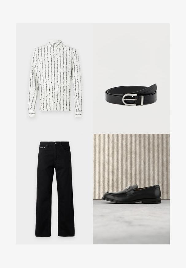 Chemise blanche à boutons avec des rayures verticales noires et un motif floral. Manches longues avec des poignets à boutons. Fabriquée en tissu léger.; Jean en denim noir avec une coupe droite, cinq poches et une étiquette logo sur le devant, avec des accessoires en métal et une texture lisse.; Mocassin en cuir noir avec une plaque de marque en métal reposant près d'une table ronde marron sur un sol recouvert de moquette beige.; Ceinture en faux cuir noir avec texture crocodile et boucle ronde en argent, enroulée sur un fond blanc uni.