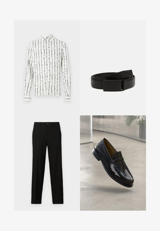 Weißes Hemd mit Knöpfen und schwarzen vertikalen Streifen sowie einem floralen Muster. Lange Ärmel mit geknöpften Manschetten. Hergestellt aus einem leichten Stoff.; Schwarze Hose aus glattem Stoff, mit geradem Schnitt, einem Knopfverschluss an der Taille und ohne sichtbare Muster oder Akzente.; Schwarze Lacklederloafers mit einer gestickten Akzentuierung, runder Zehenpartie, niedrigem Absatz und glatter Oberfläche, vor einem neutralen Hintergrund präsentiert.; Schwarzer Leder-Gürtel mit glatter Oberfläche, ausgestattet mit einer rechteckigen, mattschwarzen Schnalle und einem klassischen, minimalistischen Design.