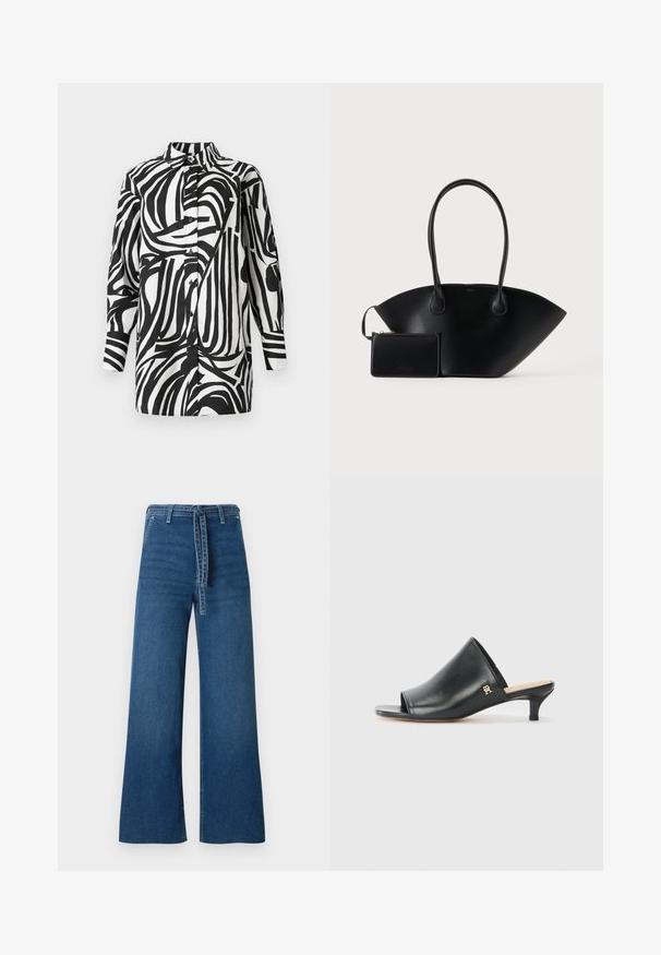 Zwart-wit overhemd met een gedurfd, abstract gestreept patroon; ontwerp met kraag, knoopsluiting aan de voorkant en lange mouwen. Glad stoftextuur.; TOM TAILOR DENIM TTMIJA CULOTTE FIT - Flared Jeans - used mid stone blue denim; Zwarte leren open teen muiltjes met een lage hak. Heeft een glad oppervlak en een gouden logo accent aan de zijkant.; Zwarte leren handtas met lange handvatten en een bijpassend klein ritstasje tegen een effen achtergrond.