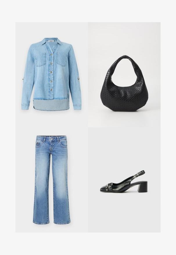 Lys blå denimskjorte med lange ærmer, fuld frontlukning med knapper, to brystlommer og en let buet kant.; Lyseblå denimjeans med en let vidde i benene, femlommefacon og knap- og lynlåslukning foran.; Sorte læder slingback hæl med spids tå, tekstureret rem med cirkulære metalliske accenter, og en stablet blokhæl.; Sort flettet håndtaske med et buet håndtag, der har en struktureret overflade og en afslappet form. Glat finish med en organisk silhuet.