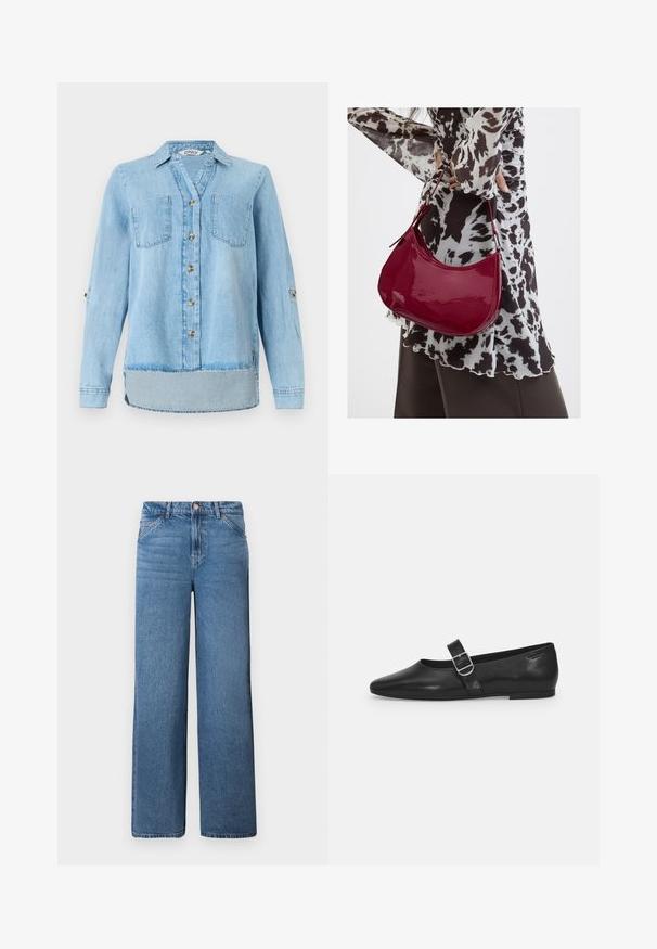 Lys blå denimskjorte med lange ærmer, fuld frontlukning med knapper, to brystlommer og en let buet kant.; Lysblå denim bukser med vid ben og høj talje, der har en skjult lynlås og knaplukning samt markant syning på forlommerne.; Sorte læder flade sko med rund tå, et enkelt justerbart spænde og en glat, blank overflade. Minimalistisk design med en lav hæl.; Kvinde iført en sort- og hvidmønstret bluse, der holder en blank rød skuldertaske mod en ensfarvet baggrund.