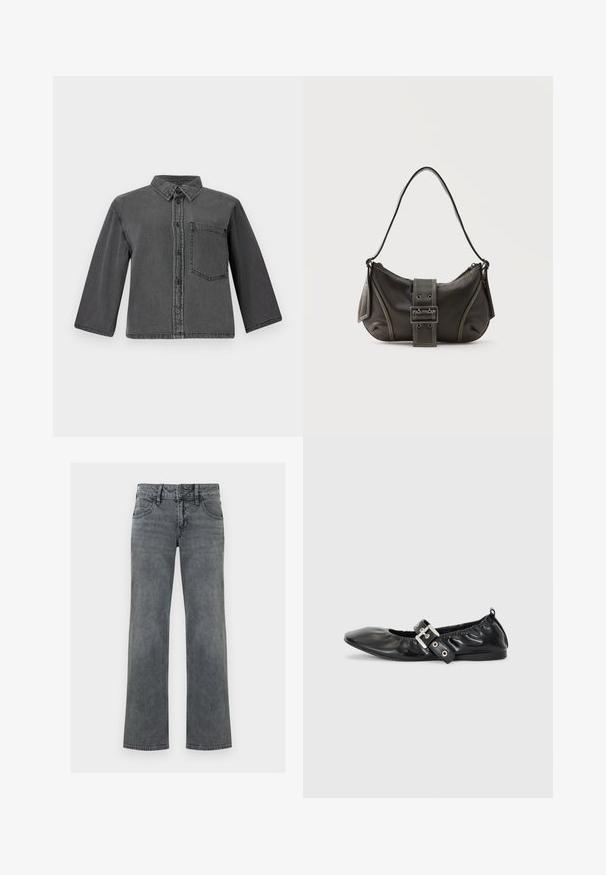 Hallgray denim särgid, millel on nupuga eesmine osa, terava krae ja üks rinna tasku. Omab pikki varrukaid ning vabalt langevat lõiget.; Hallid sirglõikega teksapüksid esiküljel nööpide, tõmbluku ja viie taskuga, valgel taustal.; Must musta lamega, millel on terav nina, kokkukogutud detailid avause ümber ja hõbedane pandla aktsent reguleeritaval rihmal.; Mustast nahast õlakott pandlanööriga detailiga, kõverate servade ja kontrastse valge õmblusega tavalise tausta peal.