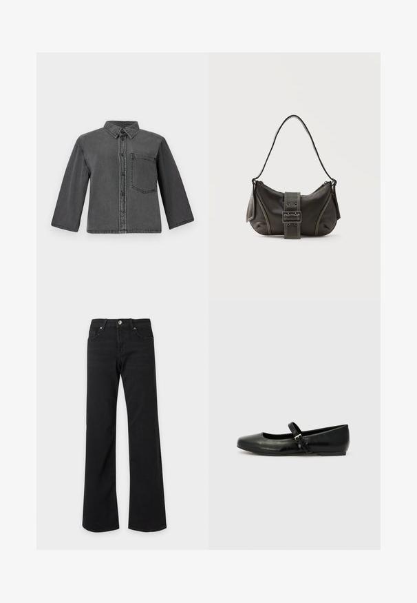Camisa de mezclilla gris con cierre de botones en la parte delantera, cuello de punta y un bolsillo en el pecho. Presenta mangas largas y un corte relajado.; Vaqueros negros de tiro alto con piernas rectas y anchas, bolsillos delanteros, presillas para cinturón y cierre con botón metálico sobre fondo blanco.; Bailarinas de cuero negro con punta redondeada, suela plana y una delgada correa ajustable en el empeine que cuenta con una hebilla de metal.; Bolso de hombro de cuero negro con detalle de correa con hebilla, bordes curvos y costuras blancas en contraste sobre un fondo liso.