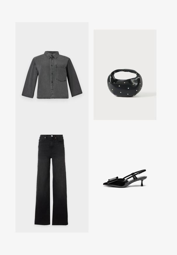 Graue Denim-Shirt mit durchgehendem Knopfverschluss, spitzem Kragen und einer einzelnen Brusttasche. Hat lange Ärmel und einen lockeren Schnitt.; Schwarze High-Waist-Jeans mit weitem Bein, Frontknopf, Gürtelschlaufen und fünf Taschen auf weißem Hintergrund.; Schwarze Lackleder-Slingbacks mit spitzer Zehenpartie, einer Schleifendetail an der Vorderseite und einem kleinen Stiletto-Absatz. Die Riemen haben verstellbare Schnallen.; Schwarze Lederhandtasche mit abgerundeter Form, verziert mit silbernen Nietenakzenten und kurzem Griff. Glatte Struktur und Reißverschlussverschluss.