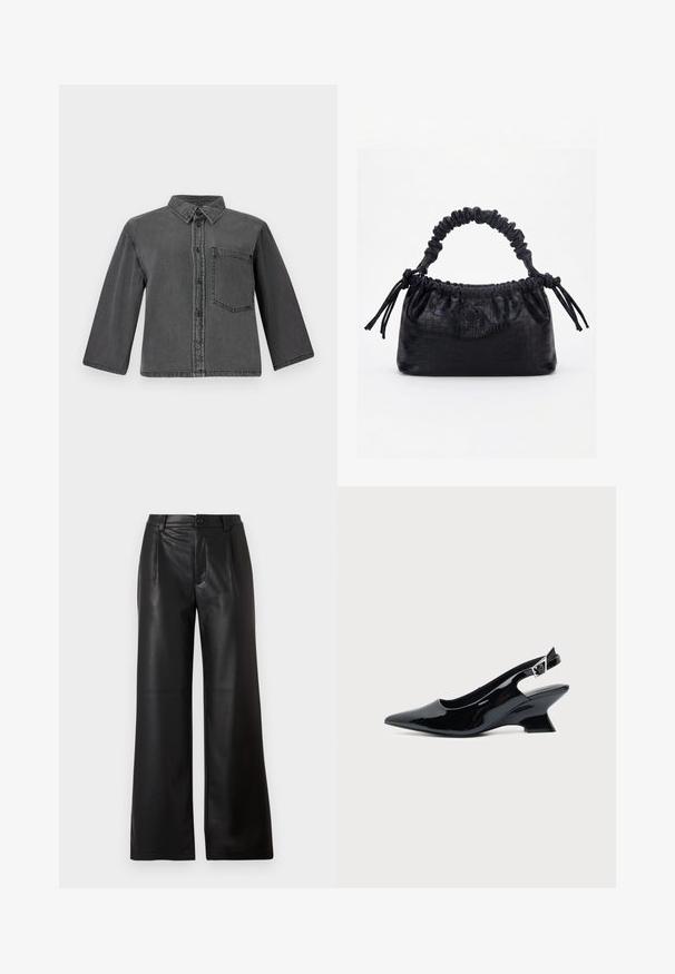 Graue Denim-Shirt mit durchgehendem Knopfverschluss, spitzem Kragen und einer einzelnen Brusttasche. Hat lange Ärmel und einen lockeren Schnitt.; Schwarze weitem Hosen aus glattem Leder mit einem vorderen Knopfverschluss und zwei schrägen Taschen an den Vorderseiten.; Schwarzer Slingback-Schuh aus Lackleder mit spitzer Spitze und niedrigem, schrägem Blockabsatz auf einfachem hellem Hintergrund.; Schwarze Handtasche mit Krokodilstruktur, gerafftem oberen Rand, zusammengezogenem Griff und Zugkordeln mit Quasten an jeder Seite vor weißem Hintergrund.