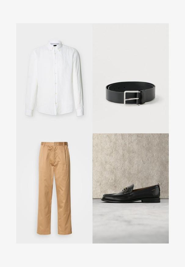 Chemise blanche pour homme à manches longues avec boutons sur le devant, col boutonné et logo brodé discret sur la poitrine.; Pantalons khaki, en mélange de coton, coupe droite, plis avant, passants de ceinture et fermeture à bouton. Texture lisse sans motifs.; Mocassin en cuir noir avec mors en métal doré et logo "HUGO", présenté sur un tapis beige et un meuble translucide marron.; Ceinture en cuir noir à finition lisse, avec une boucle rectangulaire en métal argenté et plusieurs trous de réglage.