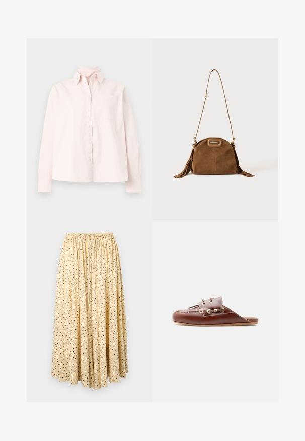 Chemise rose clair à manches longues avec boutons sur le devant, poche avant et col, affichée sur un fond neutre.; Jupe midi beige clair à pois noirs, taille élastiquée froncée et cordon de serrage à l'avant.; Mocassin à enfiler en cuir marron avec couture moc toe, œillets dorés et détail de lacet décoratif sur le côté, semelle plate, profil latéral.; Sac à épaule en daim marron avec une longue bandoulière, une découpe rectangulaire de la poignée et des détails à pompons sur les côtés sur fond blanc.