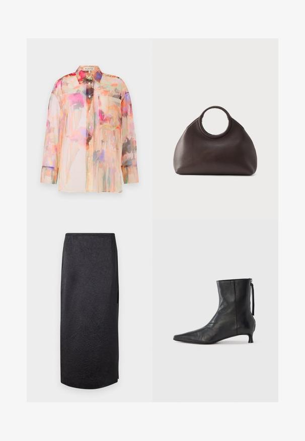 Blouse transparente à manches longues dans des couleurs pastel avec un motif floral aquarelle, dotée d'un col, de boutons sur le devant et d'une poche sur la poitrine.; Jupe noire mi-longue avec une texture froissée, coupe droite et fente sur le côté. Le tissu semble léger. L'ourlet est légèrement arrondi.; Bottine en cuir noir à bout pointu, forme structurée et petit talon. Dispose d'une fermeture éclair latérale et d'un design minimaliste.; Sac à main en cuir marron foncé avec des poignées tressées rondes et une forme douce et arrondie sur un fond clair uni.