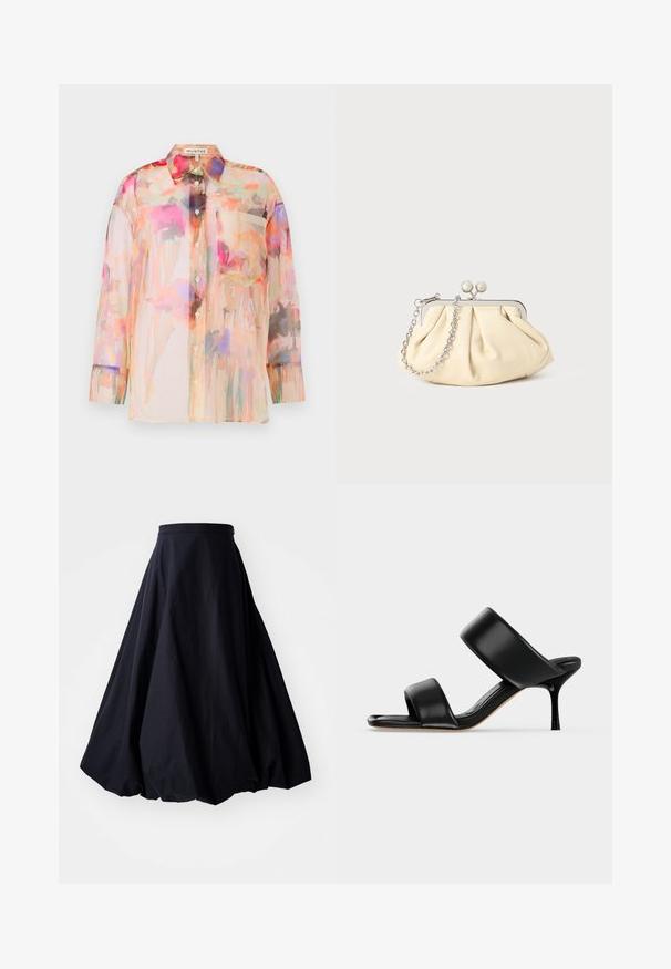 Blusa transparente de mangas largas en colores pastel con un patrón de acuarela floral, que presenta un collar, botones en la parte delantera y un bolsillo en el pecho.; By Malene Birger AUBREY - Falda larga - black; Sandalia mule de cuero negro con dos tiras anchas y un tacón de aguja delgado de altura media sobre un fondo claro y sencillo.; Clutch de cuero beige plisado con un marco de metal plateado, que cuenta con dos broches decorativos redondos y una correa de cadena plateada.