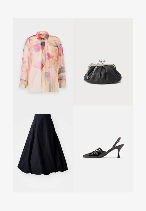 Blusa transparente de mangas largas en colores pastel con un patrón de acuarela floral, que presenta un collar, botones en la parte delantera y un bolsillo en el pecho.; By Malene Birger AUBREY - Falda larga - black; ALOHAS JOELLE ONIX - Tacones - black; Clutch de cuero negro con textura arrugada, marco de metal en tono plateado, cierre de beso y cadena para colgar. Superficie suave y lisa.