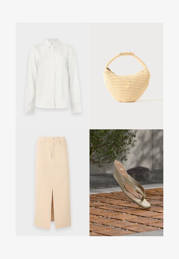 Weißes Hemd mit vertikalen hellgrauen und blauen Streifen, langen Ärmeln, klassischem Kragen und geradem Schnitt am Saum.; Beige hoch taillierter Midi-Jeansrock mit Frontschlitz, Gürtelschlaufen, Knopf- und Reißverschluss sowie Fronttaschen.; Beiger Ledersandale mit Zehensteg und BOSS-Logo auf der Innensohle, schwebend über einer Holzlatten-Terrasse mit kleinem Kies dazwischen.; Beige gewebte Handtasche mit rundem Körper, Reißverschluss und kurzem, dickem Riemen in einfachem, strukturiertem Häkelstil.