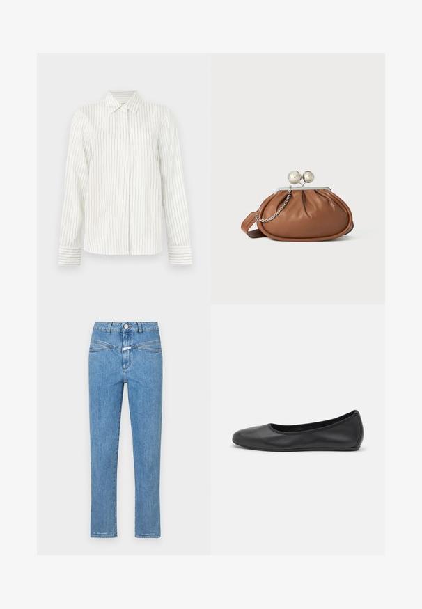 Camisa blanca de botones con rayas verticales en gris claro y azul, mangas largas, cuello estándar y corte recto en el dobladillo.; Vaqueros de mezclilla azul claro con un diseño de pierna recta, cinco bolsillos y cierre de botón. Presentan una textura ligeramente deslavada y una costura mínima.; Bailarina de piel negra con punta redondeada, textura suave, detalle de costura minimalista y diseño de suela flexible.; Bolso de mano de cuero marrón con cierre de bola plateada y un pequeño detalle de cadena plateada sobre un fondo blanco.