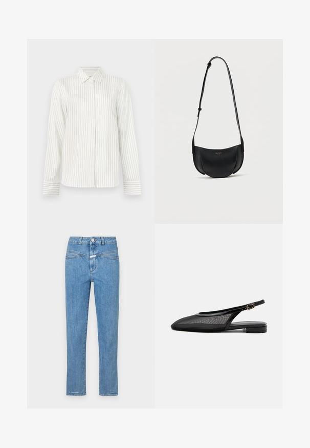 Witte overhemd met verticale lichtgrijze en blauwe strepen, lange mouwen, standaard kraag en rechte snit aan de onderrand.; Lichtblauwe denim jeans met een recht gesneden ontwerp, vijf zakken en een knoopsluiting. Heeft een licht vervaagde textuur en minimale stiksels.; Zwarte slingback platte schoen met puntige neus, mesh bovenwerk, verstelbare gespsluiting en lage gestapelde hak op witte achtergrond.; Zwart leren halvemaanvormige crossbodytas met verstelbare riem en klein gouden logo in het midden aan de voorkant.