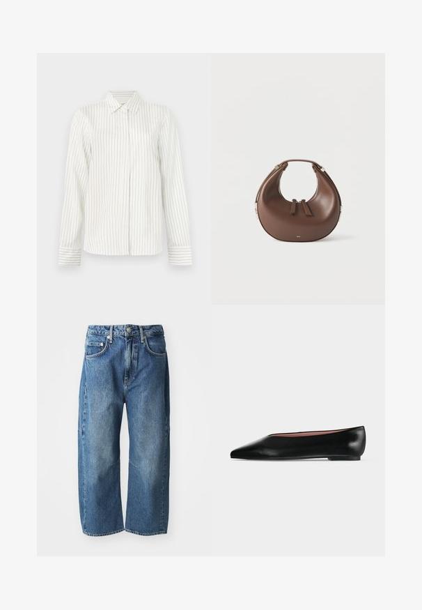Camisa blanca de botones con rayas verticales en gris claro y azul, mangas largas, cuello estándar y corte recto en el dobladillo.; Vaqueros de mezclilla azul con un diseño suelto y de pierna ancha, que cuentan con bolsillos frontales, cierre de botón y cremallera, y un ligero desvanecimiento en las rodillas.; Zapato plano negro de cuero para mujer con punta puntiaguda y tacón bajo, mostrado de lado sobre un fondo liso gris claro.; Bolso de cuero marrón en forma de media luna con asa superior y dos cierres de cremallera sobre un fondo blanco.