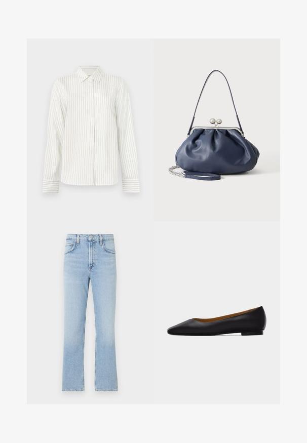 Weißes Hemd mit vertikalen hellgrauen und blauen Streifen, langen Ärmeln, klassischem Kragen und geradem Schnitt am Saum.; Hellblaue Denim-Jeans mit geradem Bein, hohem Bund und sanften Ausbleichungen. Verfügt über klassisches Fünf-Taschen-Design und einen Reißverschluss.; Schwarzer flacher Schuh aus Leder mit spitz zulaufender Vorderkappe, niedrigem Absatz und glatter Oberfläche, von der Seite vor einem hellgrauen Hintergrund dargestellt.; Weiche navyblaue Ledertasche mit silberner Verschlussklammer, einem einzelnen Schulterriemen und abnehmbarem Ketten-Handgelenksriemen auf weißem Hintergrund.