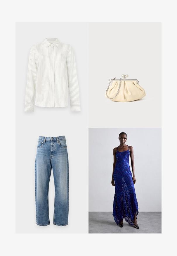 Hvid skjorte med knaplukning, vertikale lysegrå og blå striber, lange ærmer, standard krave og lige skæring i kanten.; Lyseblå denim jeans har en afslappet pasform, lige ben, fem-lomme design, kobberfarvet hardware og en slidt finish.; Blå og lilla dyreprint maxi kjole med tynde stropper, en tætsiddende bodice, flagrende kant og gennemsigtig overlay-detaljering.; Plisseret beige læderclutch med en sølvmetalramme, der har to runde dekorative låse og en sølvkædetrasporte.