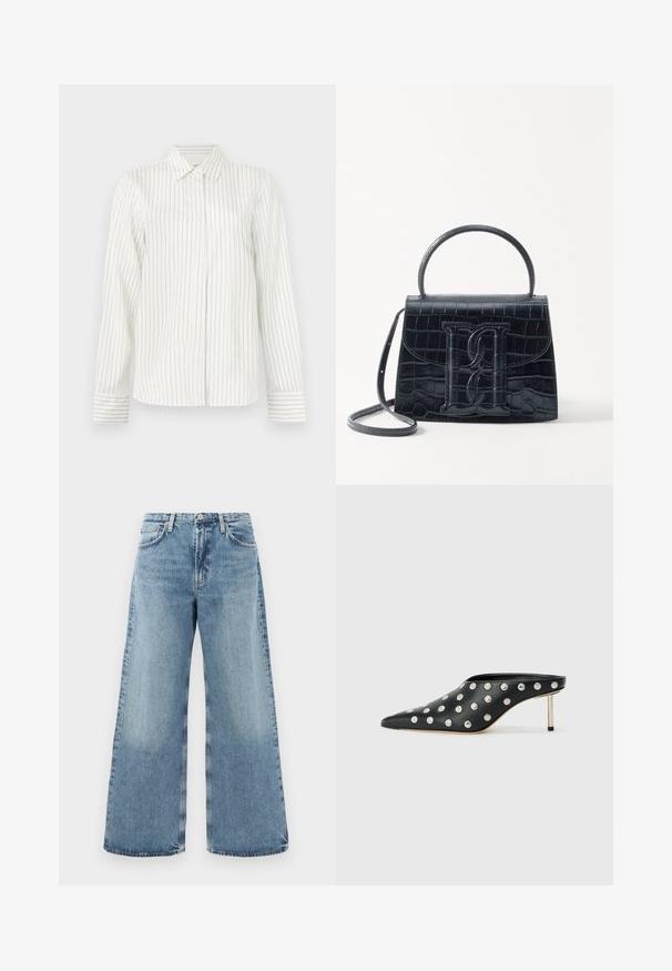 Witte overhemd met verticale lichtgrijze en blauwe strepen, lange mouwen, standaard kraag en rechte snit aan de onderrand.; Lichtblauwe denim wijde pijpen jeans met een hoge taille, traditionele vijf-pocketontwerp, zichtbare stiksels en een ruwe zoomafwerking.; STAND STUDIO KELSEY - Muiltjes met hak - black; Zwarte handtas van krokodillleer met een gestructureerd ontwerp, bovenhandvat, verstelbare schouderband en een opvallend voorlogo.