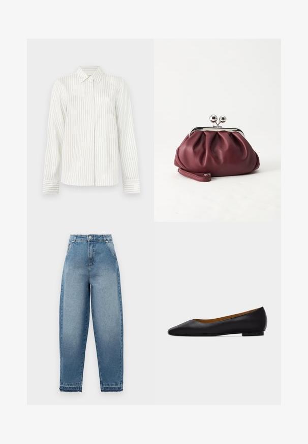Witte overhemd met verticale lichtgrijze en blauwe strepen, lange mouwen, standaard kraag en rechte snit aan de onderrand.; Lichtblauwe denim jeans met een hoge taille, losse pasvorm, vijfzakkenontwerp en rafelige zoom. Kenmerkt klassieke stiksels en een ritssluiting.; Zwarte leren puntschoen met lage hak en gladde afwerking, zijaanzicht op een lichtgrijze achtergrond.; Kleine bordeauxrode leren clutch-portemonnee met zilverkleurige metalen sluiting en polsbandje op een witte achtergrond.