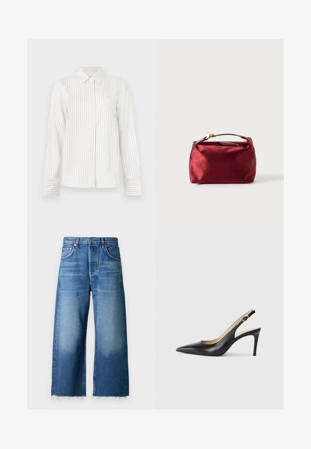 Witte overhemd met verticale lichtgrijze en blauwe strepen, lange mouwen, standaard kraag en rechte snit aan de onderrand.; Lichtblauwe denim wijdvallende jeans met een rafelige zoom, ontworpen met vijf zakken en een knoopsluiting in de taille.; Zwarte leren slingback-hakken met een spitse neus, verstelbare band en een elegante stiletto-hak, met een gladde afwerking.; Bordeaux satijnen cosmetica tas met een rechthoekige vorm, ritssluiting en een kort handvat. Beschikt over een minimalistisch ontwerp en een gladde textuur.