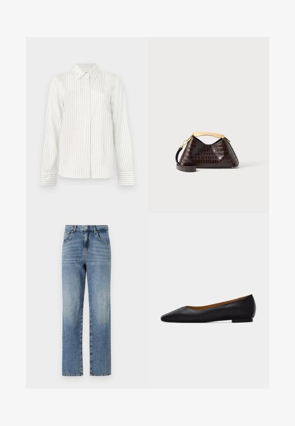 Camisa blanca de botones con rayas verticales en gris claro y azul, mangas largas, cuello estándar y corte recto en el dobladillo.; Jeans de mezclilla en un azul claro con un diseño de pierna recta, que cuentan con cinco bolsillos, un cierre de botón y cremallera, y un desvanecimiento mínimo en la tela.; Zapato plano de punta puntiaguda de cuero negro con tacón bajo y acabado liso, mostrado de perfil sobre un fondo gris claro.; Bolso de mano de color marrón oscuro con estampado de cocodrilo, asa superior curvada en tono dorado y correa de hombro desmontable sobre fondo blanco.
