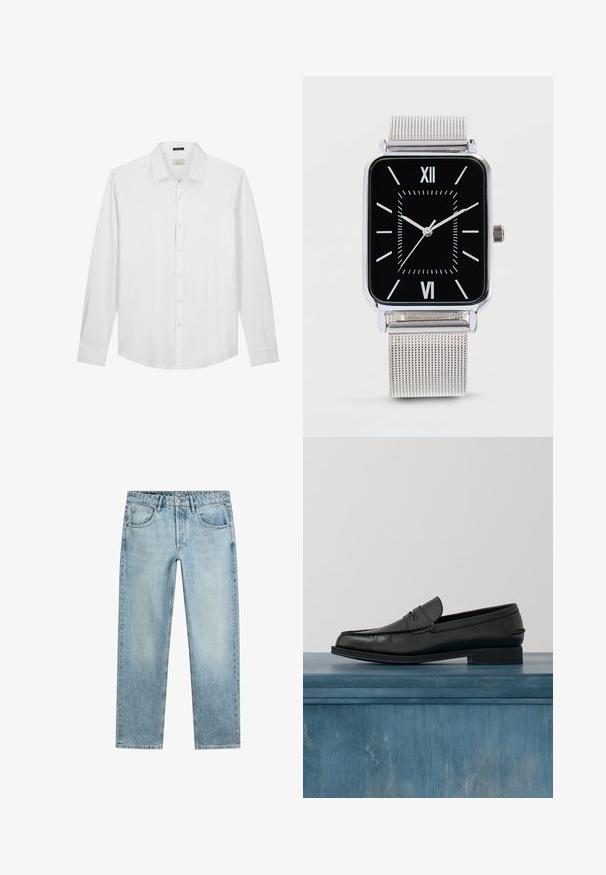 Hvid langærmet skjorte, knapned krave, blød tekstur, glat stof, diskret logo på brystet og klassisk pasform med buet kant.; Lyseblå jeans med lige ben, knap- og lynlåslukning, fem lommer og et falmet, let slidt udseende. Ingen synligt mærke.; Sorte læderloafers med et slankt design, der har syning ved tåen og en glat finish. Skoen har en lav hæl og minimal udsmykning.; Rektangulært sølv armbåndsur med sort urskive, hvide romertal, minutmarkører og sølv mesh rem, der viser klokken 10:10:37.