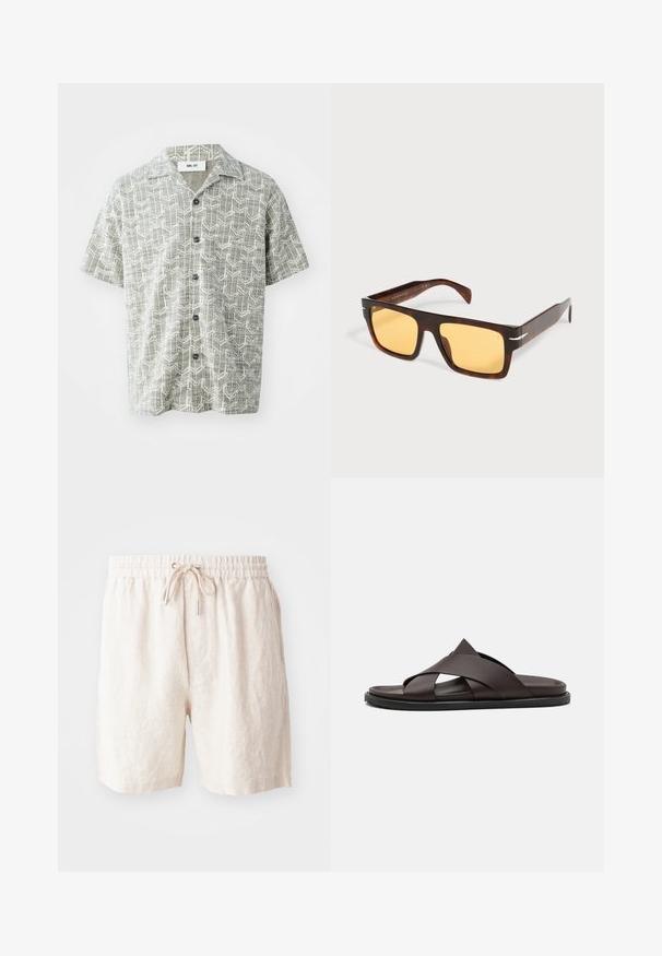 Chemise à manches courtes de couleur gris clair avec un motif géométrique blanc. Elle présente un col à revers et cinq boutons noirs sur le devant.; Shorts en lin beige avec une taille élastique, cordon de serrage ajustable et poches latérales. Texture douce avec une coupe décontractée.; Stuart Weitzman BERKLEY - Mules - espresso; Lunettes de soleil rectangulaires en écaille avec de larges montures et des verres teintés jaunes sur fond blanc.