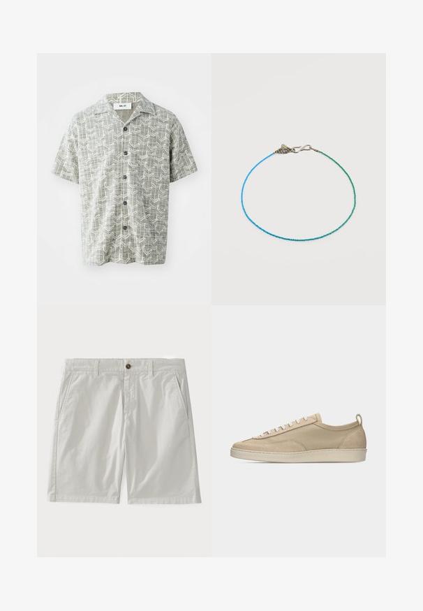 Chemise à manches courtes de couleur gris clair avec un motif géométrique blanc. Elle présente un col à revers et cinq boutons noirs sur le devant.; Shorts en coton blanc avec fermeture à bouton, passants de ceinture et poches latérales. Le tissu a l'air lisse avec un design classique et soigné.; Baskets beige basses avec tige en tissu et daim, lacets blancs, semelle en caoutchouc et languette à l'arrière, présentées en profil latéral sur fond blanc.; Bracelet délicat en perles avec de petits perles carrées bleues et vertes et un fermoir à crochet en argent sur fond blanc.